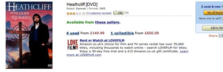 cliff richard, heathcliff 1996 dvd amazon collectible £650